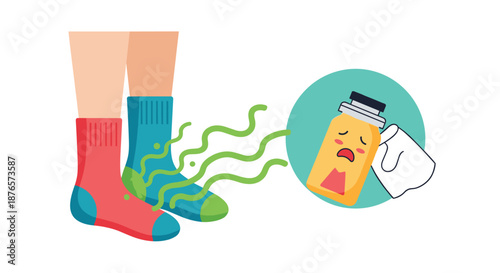 Smelly socks with green odor lines next to a foot spray bottle used for hygiene and fungal treatment.