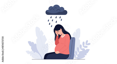 Sad pregnant woman sitting under a dark rain cloud representing prenatal depression or emotional struggle.