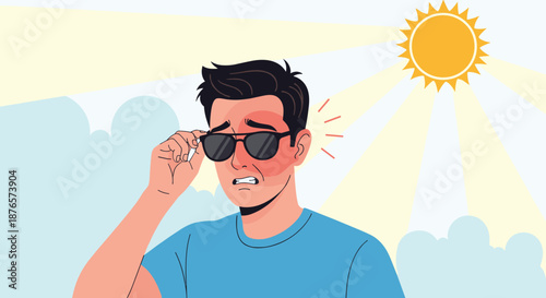Man wearing sunglasses and showing a red sunburn on his face after spending too much time under the hot sun.