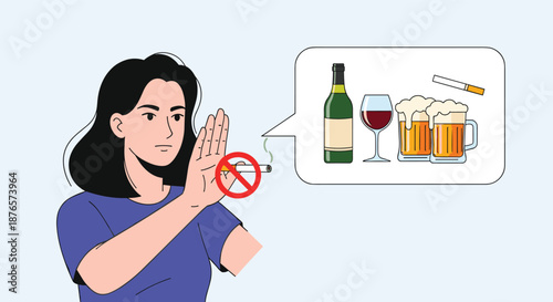 Woman making a stop gesture to refuse cigarettes and alcohol representing a healthy lifestyle and breaking bad habits.