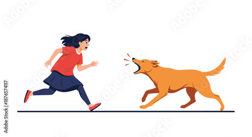 Scared young girl running away from a barking dog representing fear, danger, or outdoor animal interaction.