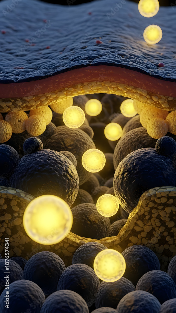 Fototapeta premium Bright yellow glowing nanoparticles deeply penetrate the human skin surface and underlying dermal layers, illustrating advanced cosmetic skincare product absorption for cellular rejuvenation and