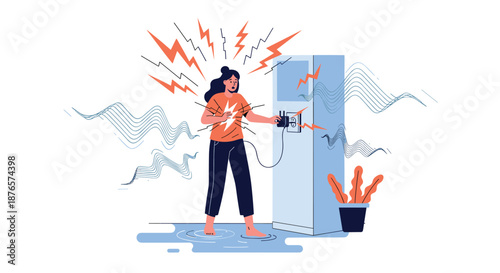 Woman receiving a painful electric shock while trying to plug a device into a power outlet in a dramatic vector illustration.