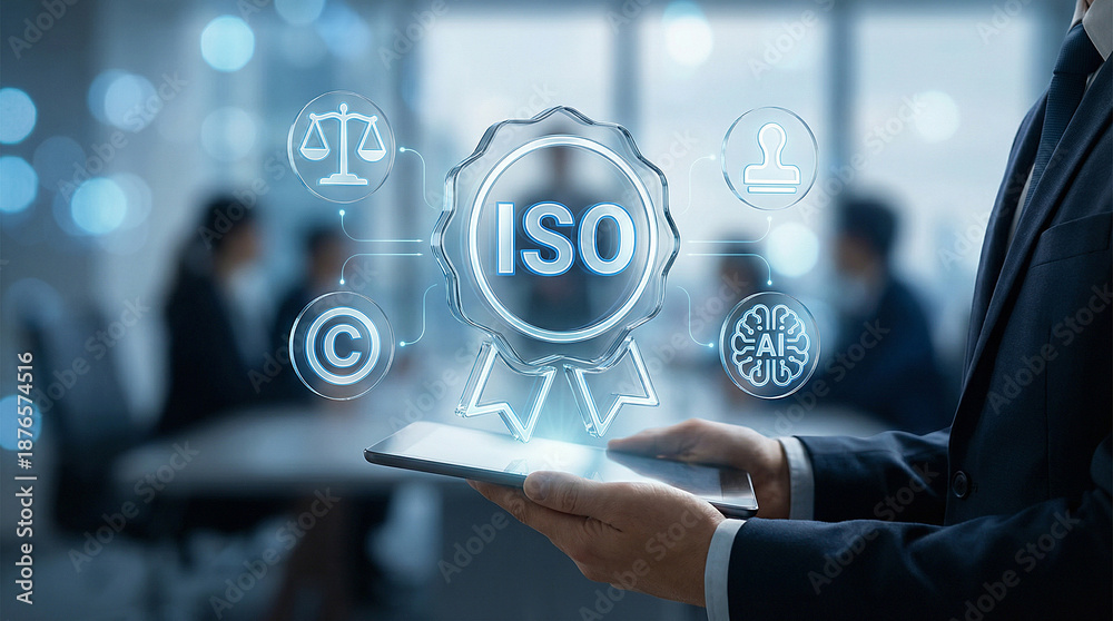 Naklejka premium Businessman holding tablet with ISO certification icons floating above