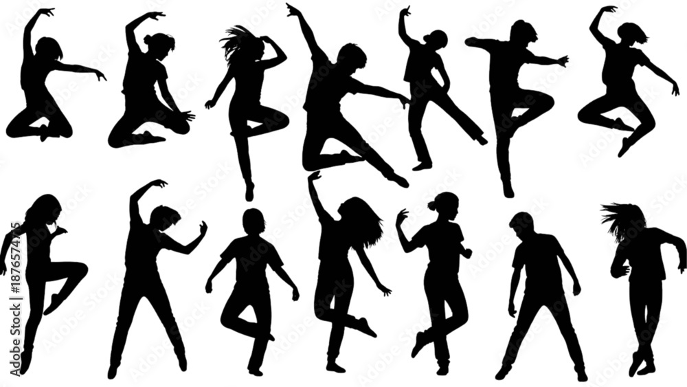 Fototapeta premium Energetic silhouettes of diverse individuals expressing joy and motion through dynamic dance poses