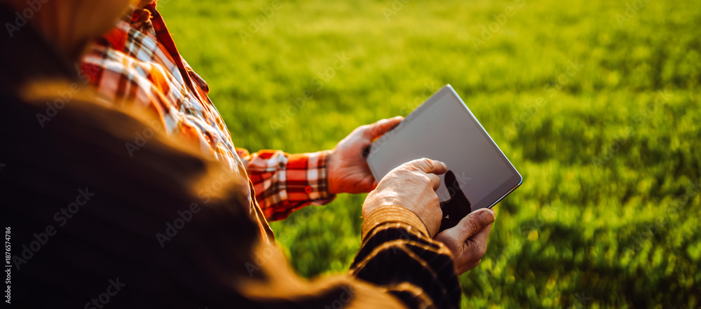 Fototapeta premium Two experienced farmers are standing in a field holding a digital tablet. Close-up. Agronomists are working with a digital tablet in a green field. Concept of gardening, smart agriculture.