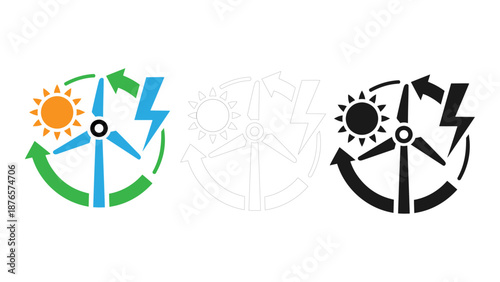 Renewable energy sustainable power icon set wind turbine, solar power, green energy symbols