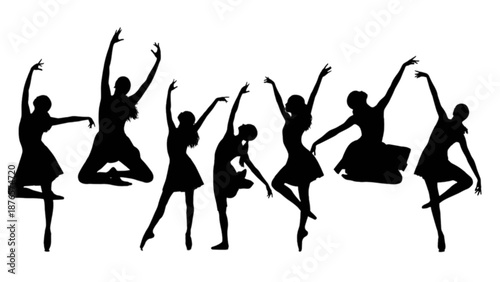 Graceful silhouettes of ballerinas performing various elegant ballet dance poses