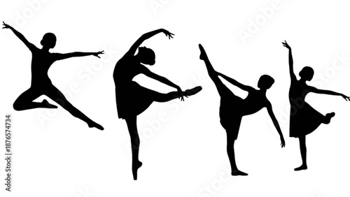 Graceful ballet dancers silhouettes performing various dynamic poses on a white background