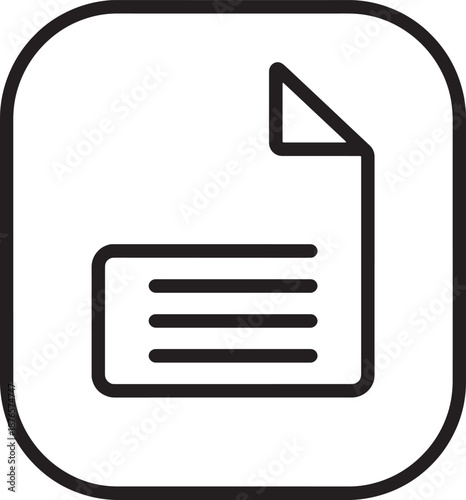 Black and white outline icon of a document with folded corner and lines of text on a white background Keywords: document, icon, paper, file, text, writing, information, content, folded corner