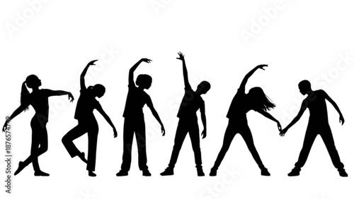 Silhouettes of people engaged in various energetic dance and workout movements