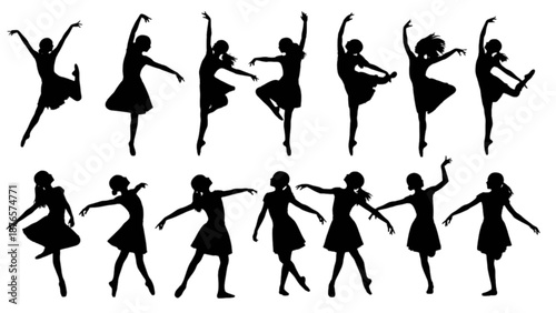 A captivating array of black silhouettes depicting female ballet dancers in diverse and artistic poses