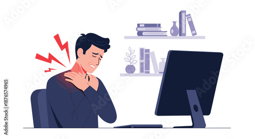 Professional man working at a computer experiencing severe neck and shoulder pain highlighted by red lightning bolt symbols.