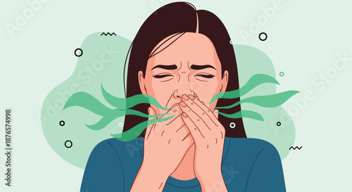 Young woman covering her mouth with her hands due to bad breath represented by unpleasant green swirls in a vector design.