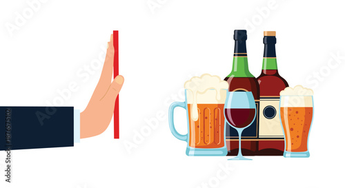 Person making a stop gesture with their hand to reject a collection of alcoholic drinks including beer, wine, and spirits.