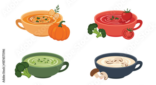 Selection of four colorful and healthy bowls of soup including pumpkin, tomato, broccoli, and mushroom with fresh ingredients.
