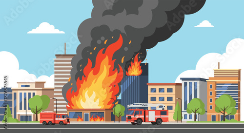 Firefighters and fire trucks respond to a massive building fire in a busy city center with thick black smoke rising into the sky.