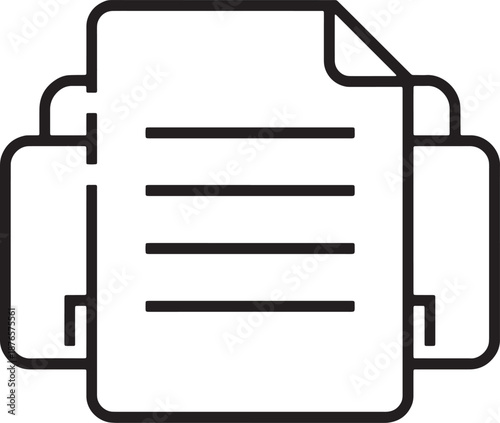 Black outline icon of a printer with a document showing horizontal lines of text on a white background Keywords: printer, printing, document, paper, text, lines, copy, machine, office, technology