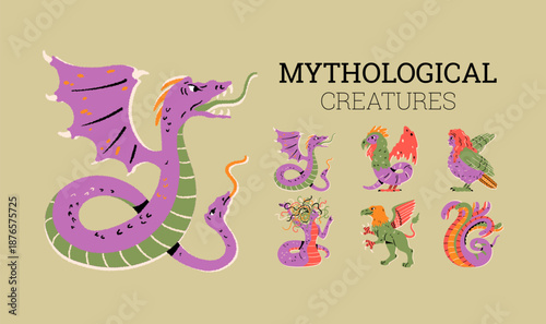 Mythological creatures, ancient Greece, folklore. Fantasy monsters. Amphisbaena, gorgon medusa, griffin, basilisk, harpy, hydra. Cartoon vector illustration set.