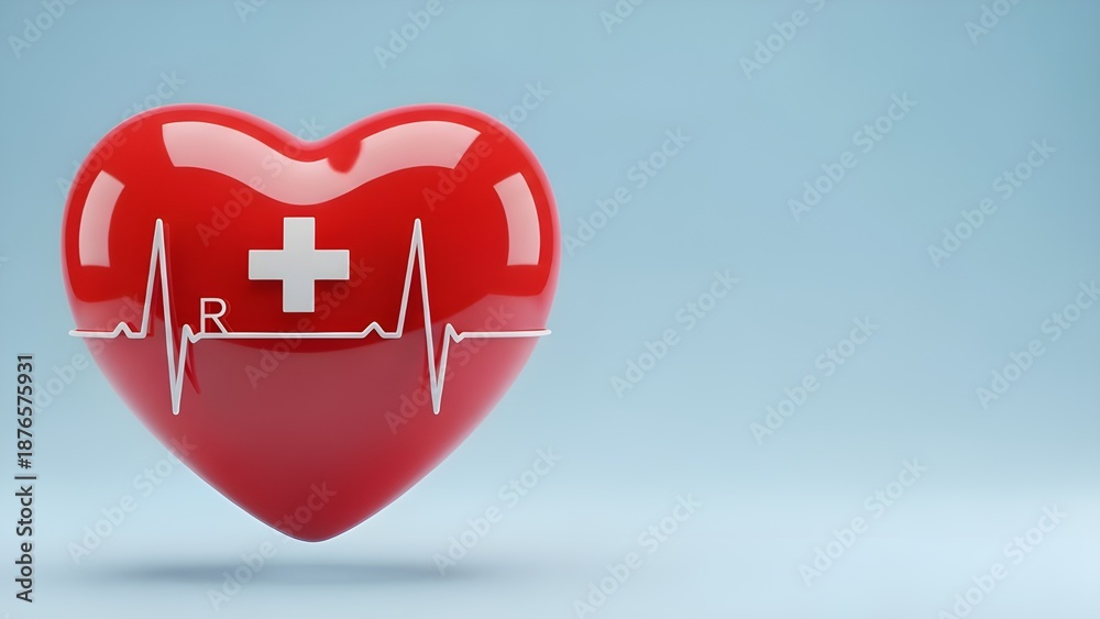 Obraz premium Glossy red heart with white cross and electrocardiogram pulse line, symbolizing health, cardiology, and medical care on a clean blue background.
