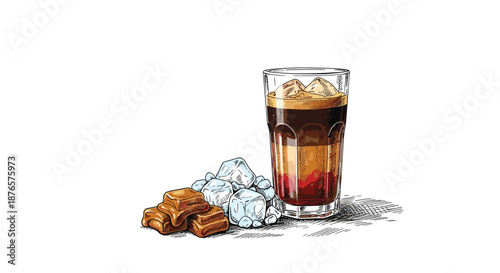 Refreshing glass of iced coffee with visible layers of milk and espresso is served with caramel pieces and cold ice cubes.