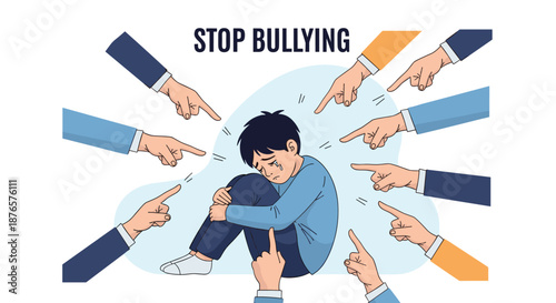 Multiple hands point accusingly at a crying boy sitting on the floor, illustrating the harmful effects of bullying and peer pressure.