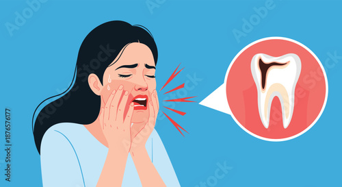 Distressed woman clenches her jaw in severe tooth pain with a callout showing a decayed tooth, highlighting dental health issues.