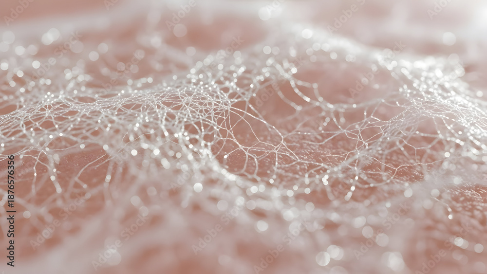 Fototapeta premium Luxurious skin cleanser foam texture with a delicate white bubbly net pattern glistens on a smooth peach background, highlighting the gentle cosmetic product lather's refreshing qualities for