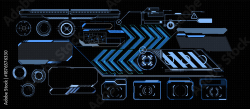 digital interface layout presents shapes and patterns in blue colors over a black surface. Lines and symbols are arranged for visual interest and functionality.