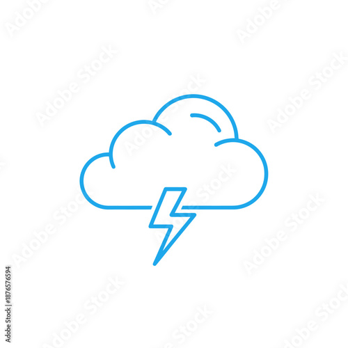 Cloud with lightning bolt icon, simple line art, weather symbol, blue on white background