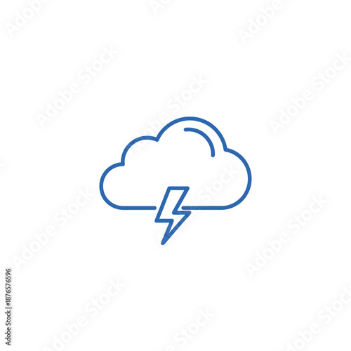 Cloud lightning icon, simple line art drawing, blue on white background