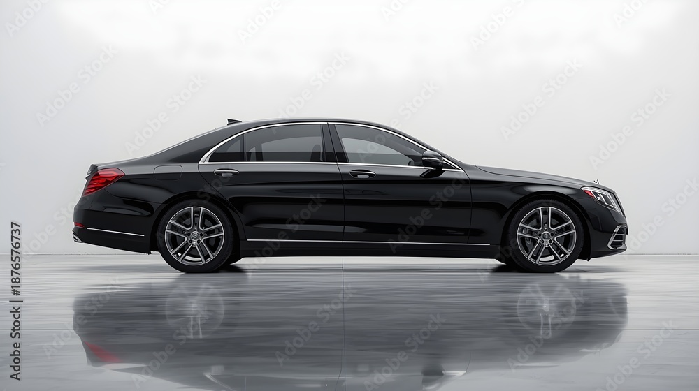 Obraz premium Sleek black luxury sedan parked on wet pavement at dusk with elegant reflections and premium design details
