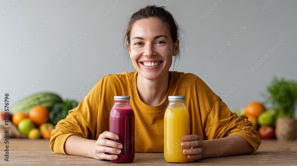 Obraz premium Happy young woman holding two bottles of colorful healthy detox juice or smoothies with fresh fruit and vegetables in background promoting healthy lifestyle