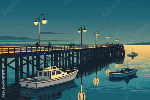 Pier Night Lights Reflection