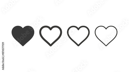 Set of four heart icons featuring one solid black heart and three outlined hearts with varying stroke weights.