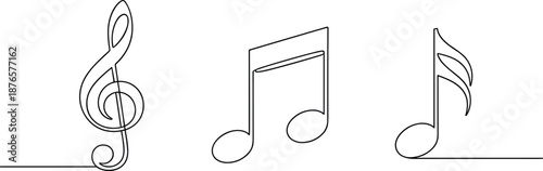 Minimalist one-line vector illustration featuring musical notes and treble clef symbols in elegant continuous line art style