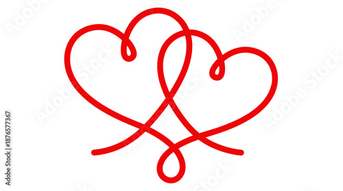 Two intertwined red hearts formed by a looping ribbon, symbolizing love, connection, and romance