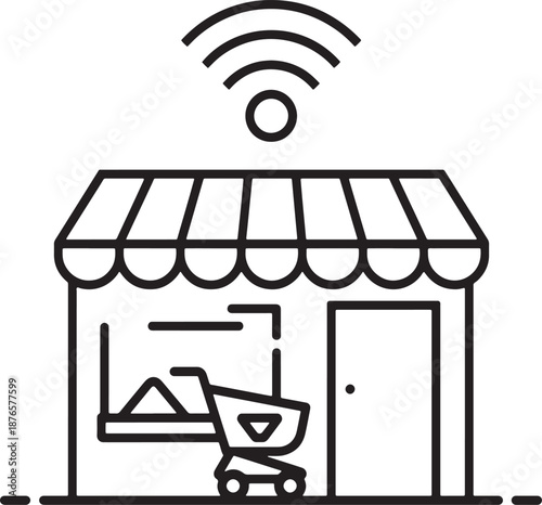 Outline icon of a storefront with a shopping cart and Wi- Fi signal on a white background retail business