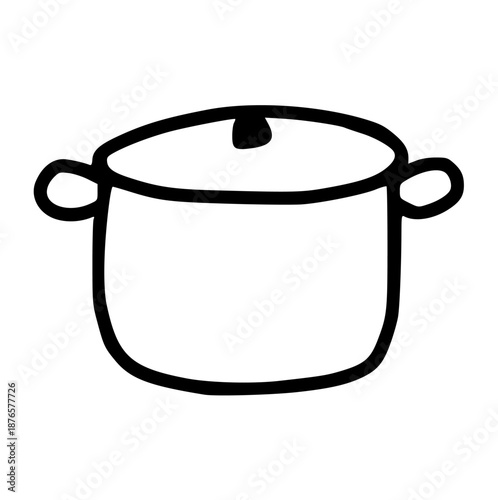 cooking pot doodle, black line art soup casserole icon, simple kitchen stewpot element perfect for recipe, boiling, dinner, home cooking, or restaurant menu concept