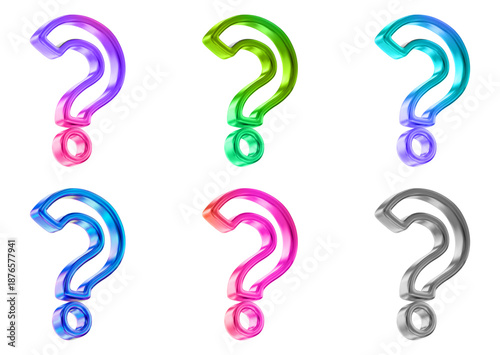 3d set holographic or neon question mark icon. Faq problem solution y2k symbol. Gradient mesh. Stock vector illustration on isolated background.