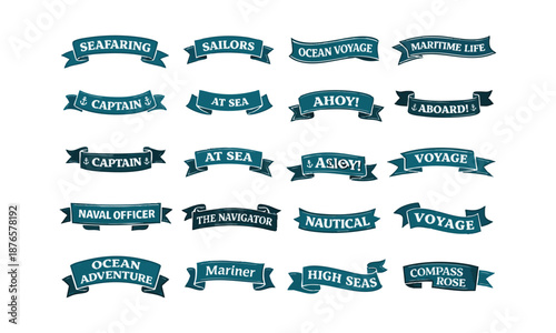 Nautical ribbon banner labels flat vector set illustration, easily editable. 