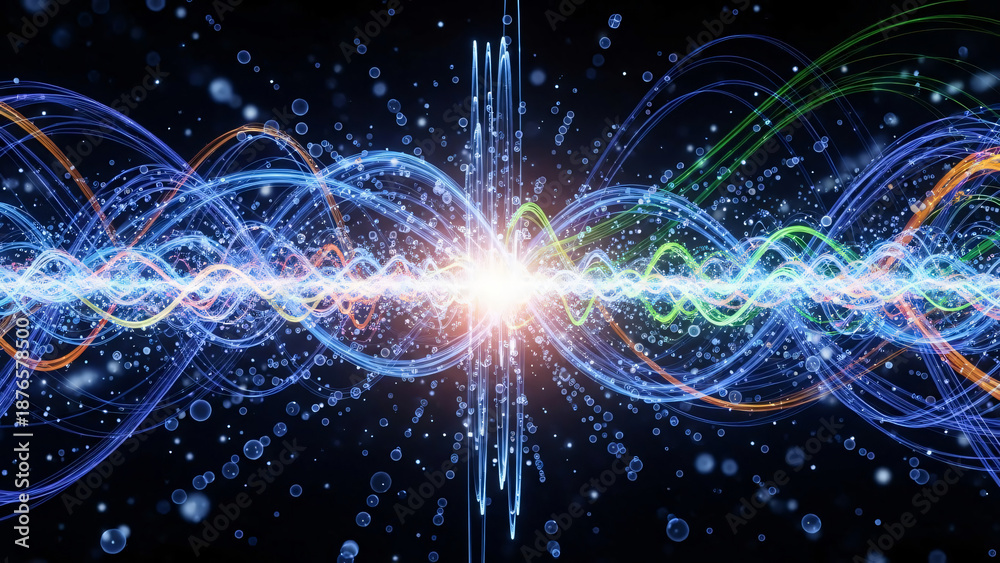 Fototapeta premium A vibrant abstract depiction of energy waves and particles interacting in a dark, digital-like space.