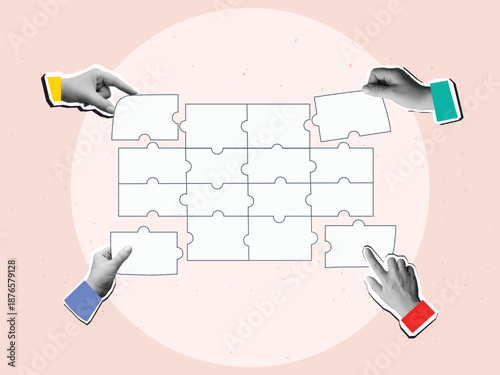 Black and white hands assembling a white puzzle pieces. Modern photo collage style. Vector illustration
