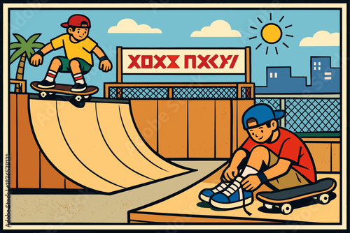Colorful skatepark scene with two boys skateboarding and tying shoelaces