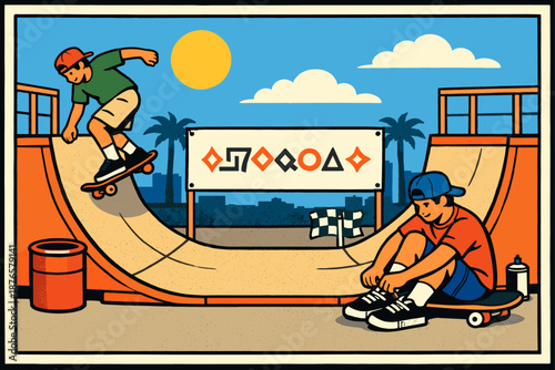 Two young males skateboarding in a vibrant outdoor skatepark with ramps and sunny sky