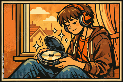 Young asian teen enjoys music indoors with headphones and cd player