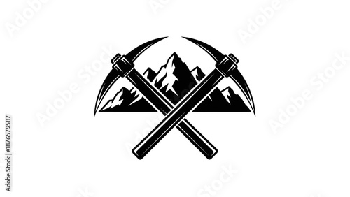 Crossed pickaxes and mountain peaks in a vintage style emblem.