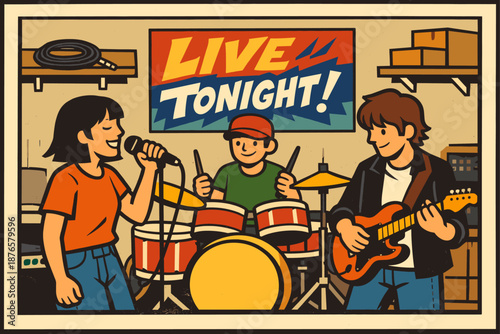 Young band rehearsing in garage with female singer, drummer, and guitarist before live show