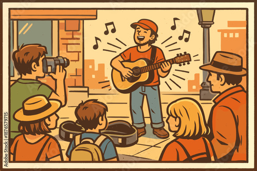 Young caucasian male street musician entertains crowd with acoustic guitar performance