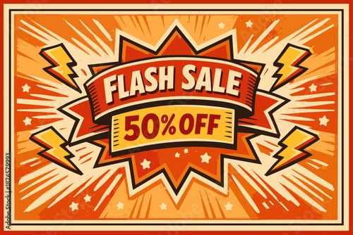 Flash sale announcement with retro comic style and 50% discount display